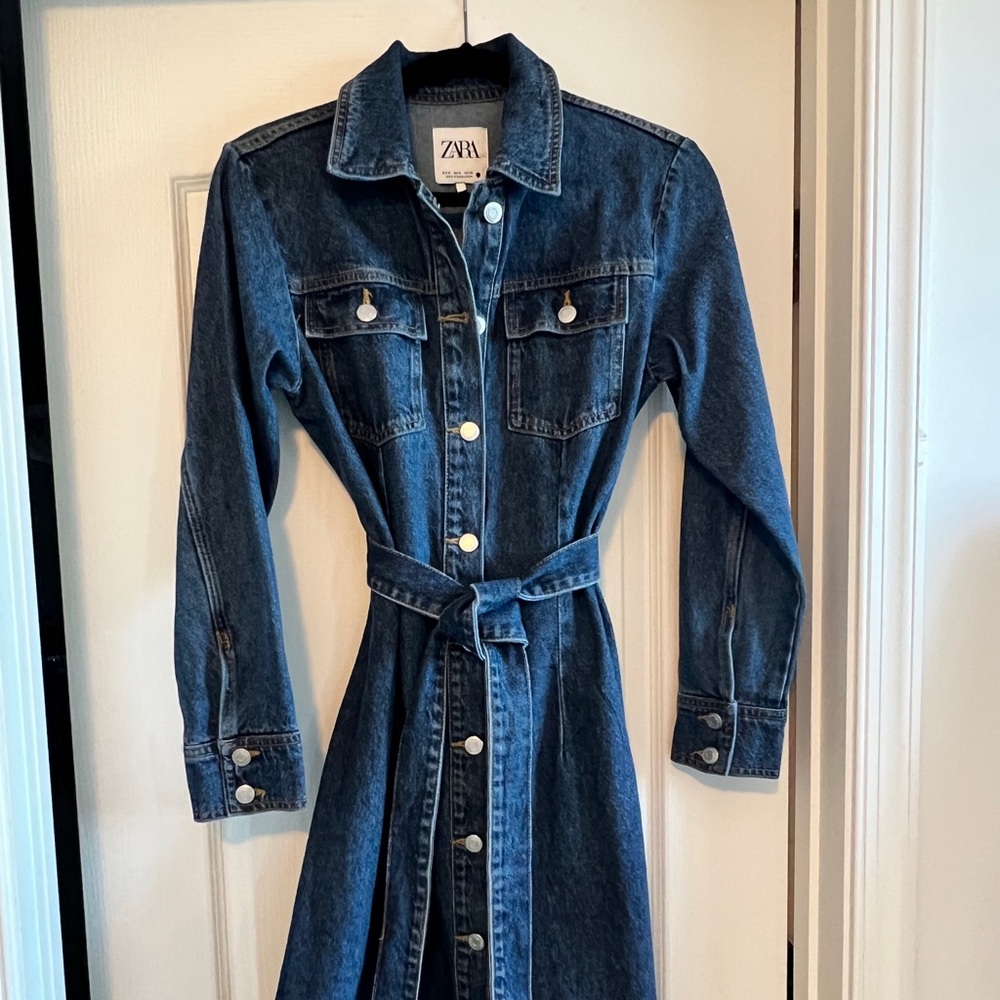 Zara ZW Blue Denim Front Fastening Belted Shirt Midi Dress. Size M - Picture 4 of 7